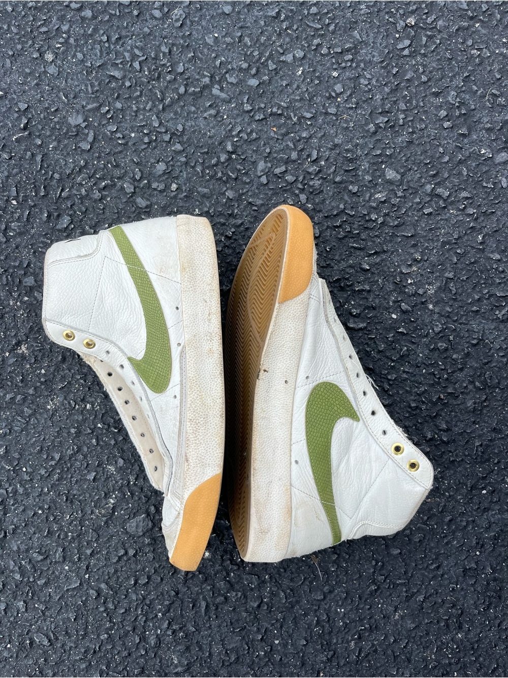 Nike Women's White High-Top Sneakers with Olive Swoosh and Gum Sole